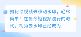 怎样给视频去移动水印手机