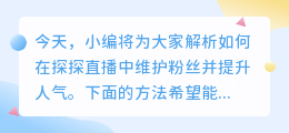 如何在探探直播中提升人气与维护粉丝？