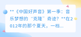 《中国好声音》第一季:音乐梦想绽放,独一无二的“克隆”奇迹!