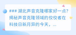 湖北声音克隆哪家强？揭秘顶尖科技企业的声音克隆之战！